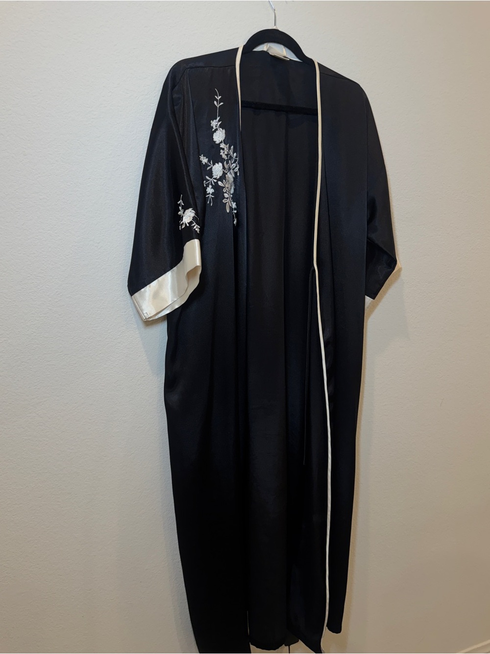 Black Satin Embroidered Kimono Duster with Cream Trim S/M